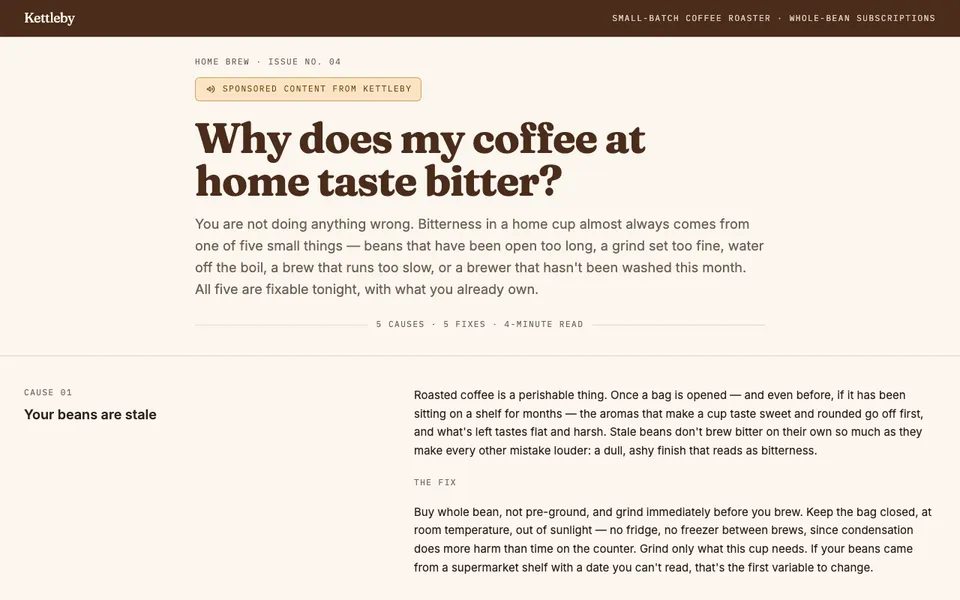 First screen of the Kettleby example page: Why does my coffee at home taste bitter?