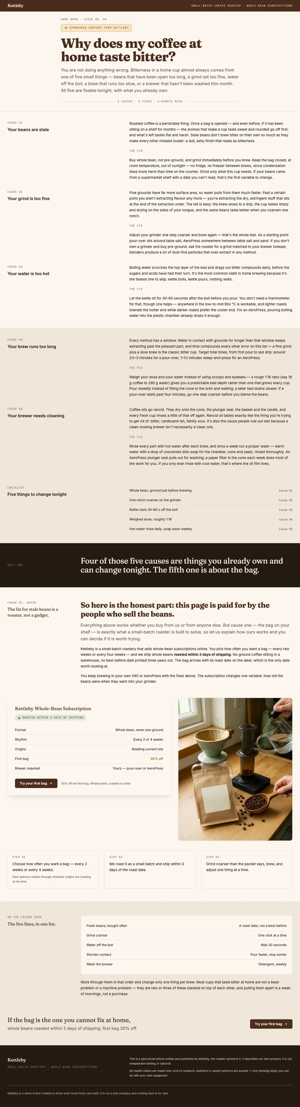 Full-page screenshot of the Advertorial: Why does my coffee at home taste bitter?