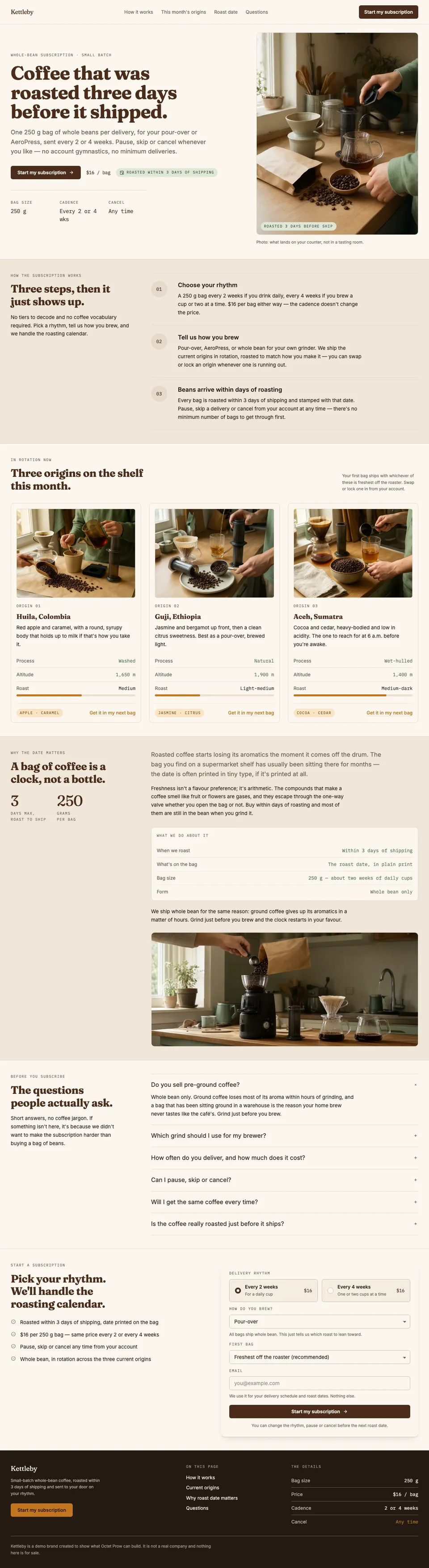 Full-page screenshot of the Product page: Coffee that was roasted three days before it shipped.