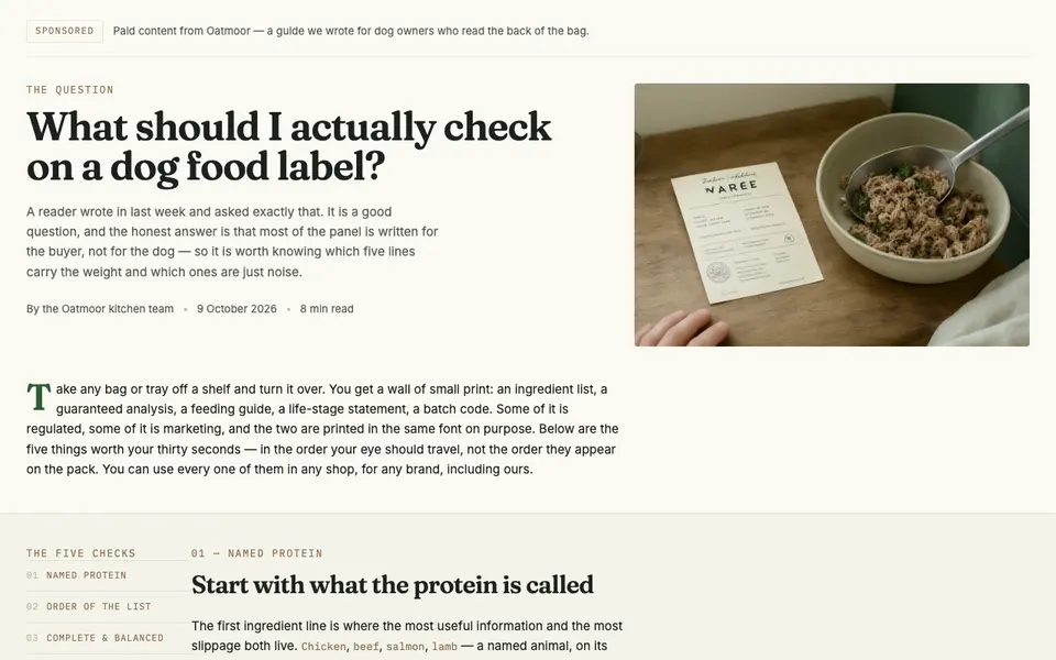 Screenshot of Oatmoor: What should I actually check on a dog food label?