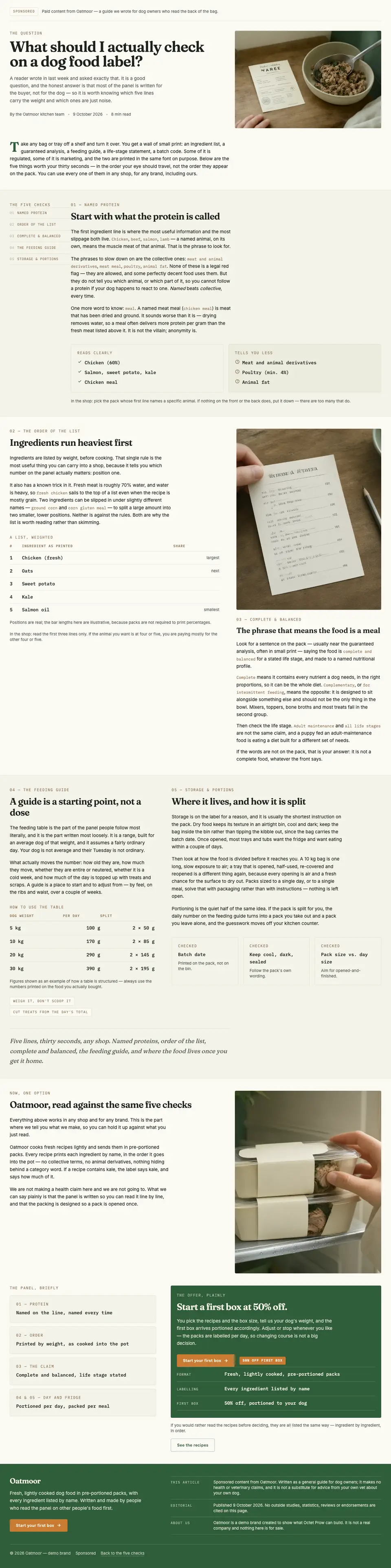 Full-page screenshot of Oatmoor: five label checks before a fresh dog food offer
