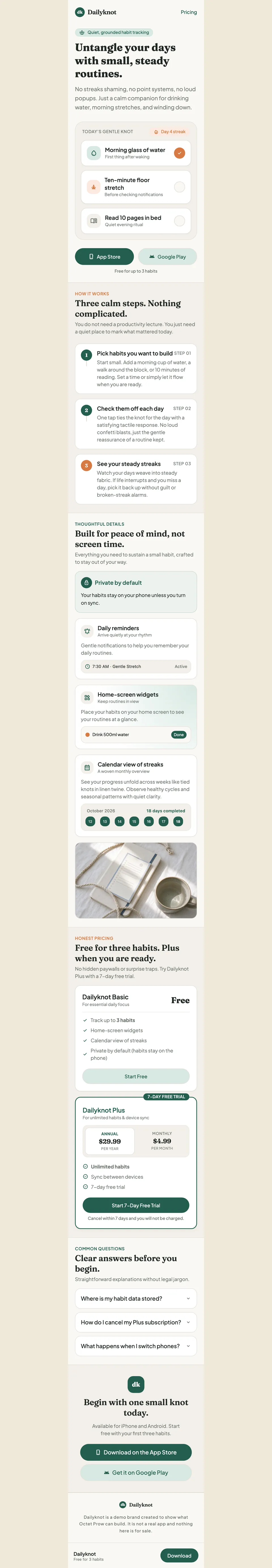 Full-page screenshot of Dailyknot: a phone-first app page with plans and store buttons