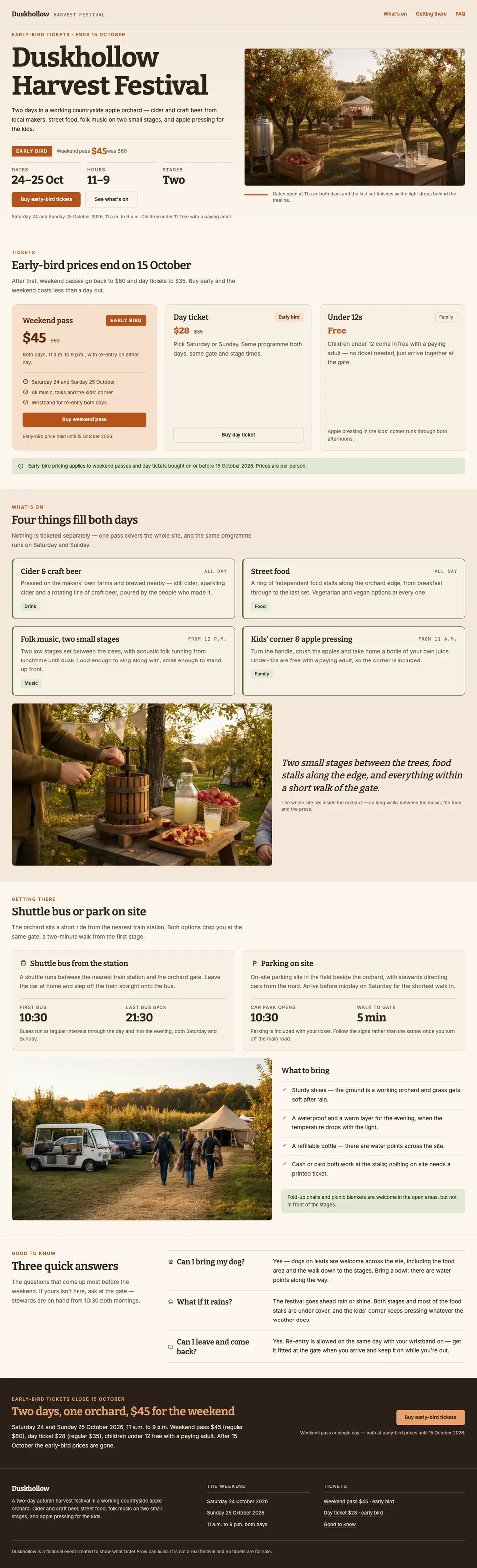 Full-page screenshot of Duskhollow: early-bird tickets, programme, travel and FAQ