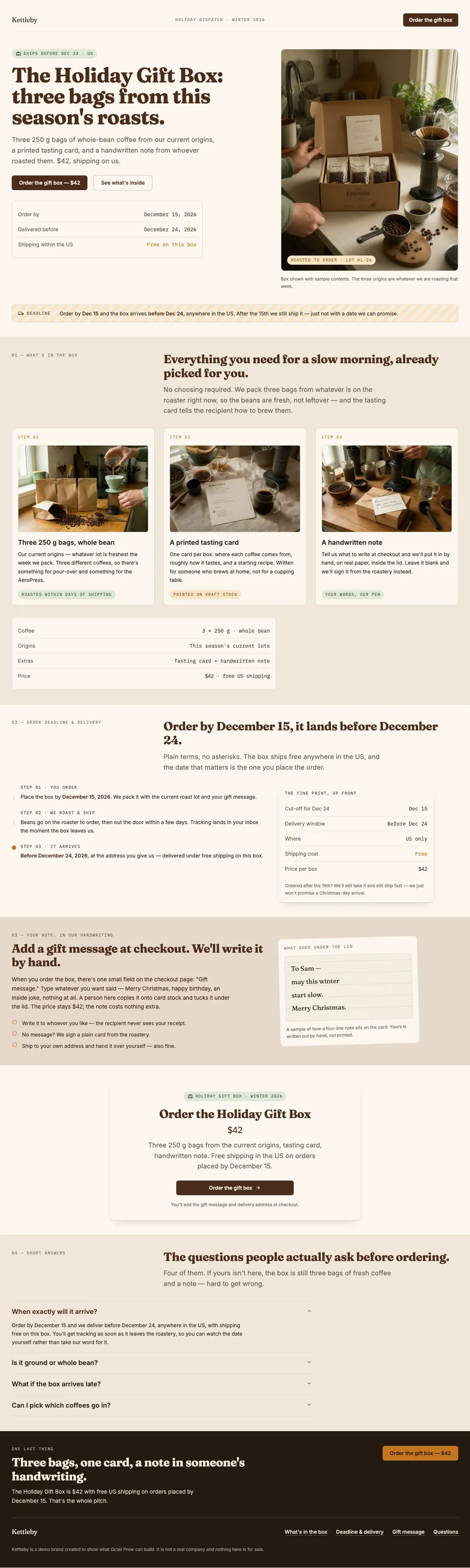 Full-page screenshot of the Campaign page: The Holiday Gift Box: three bags from this season's roasts.