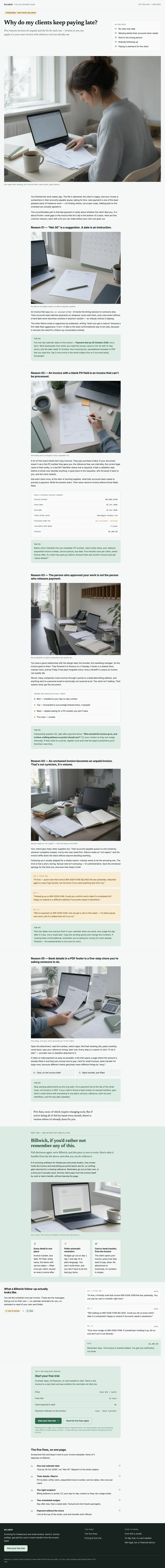 Full-page screenshot of Billwick: five late-payment fixes before an invoicing app