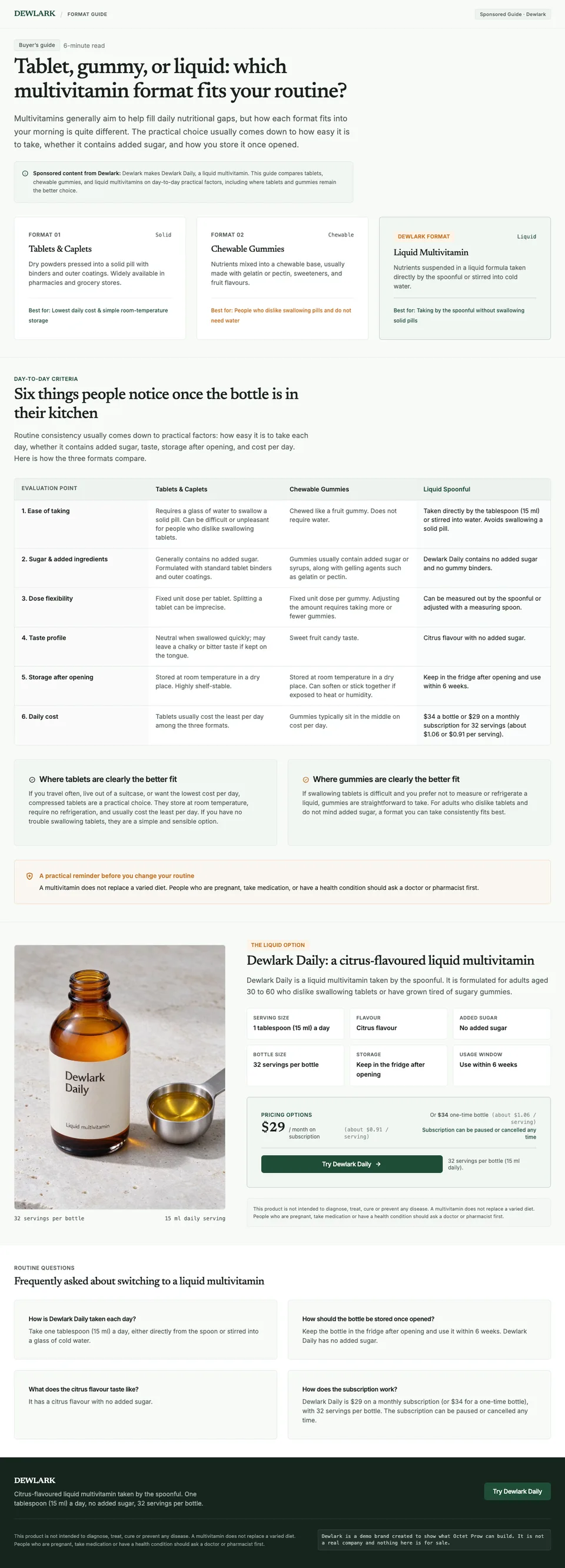 Full-page screenshot of Dewlark: tablets, gummies and a liquid compared before one liquid option