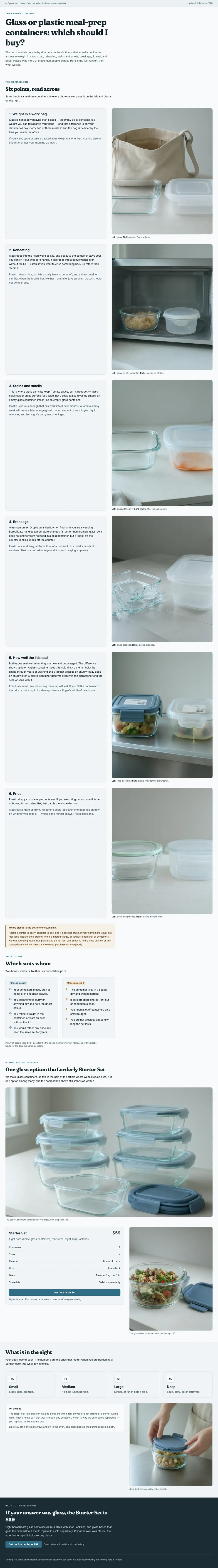 Full-page screenshot of Larderly: a fair glass-versus-plastic comparison before one glass set