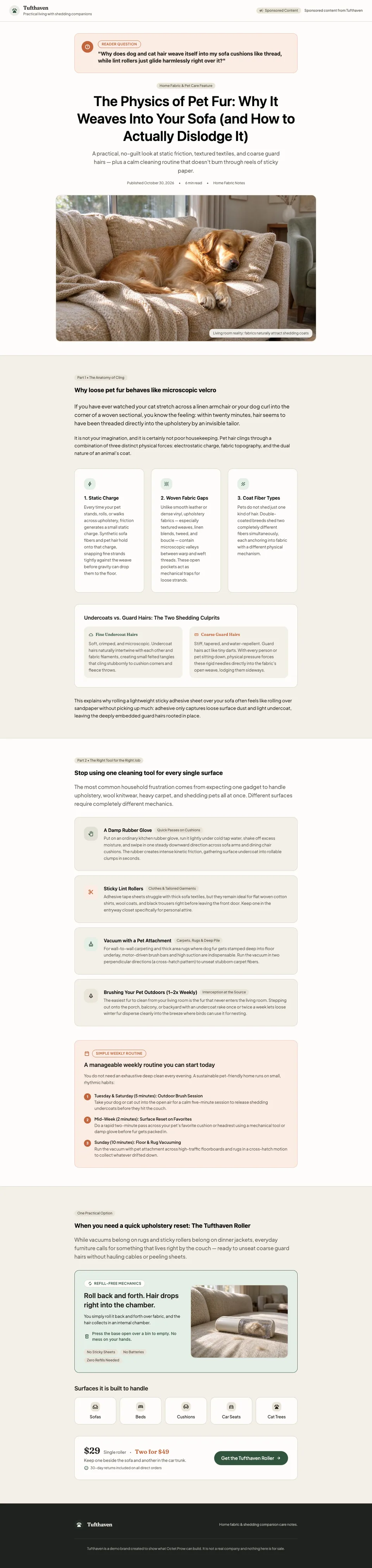 Full-page screenshot of Tufthaven: why pet hair clings and which tool to use, before one roller