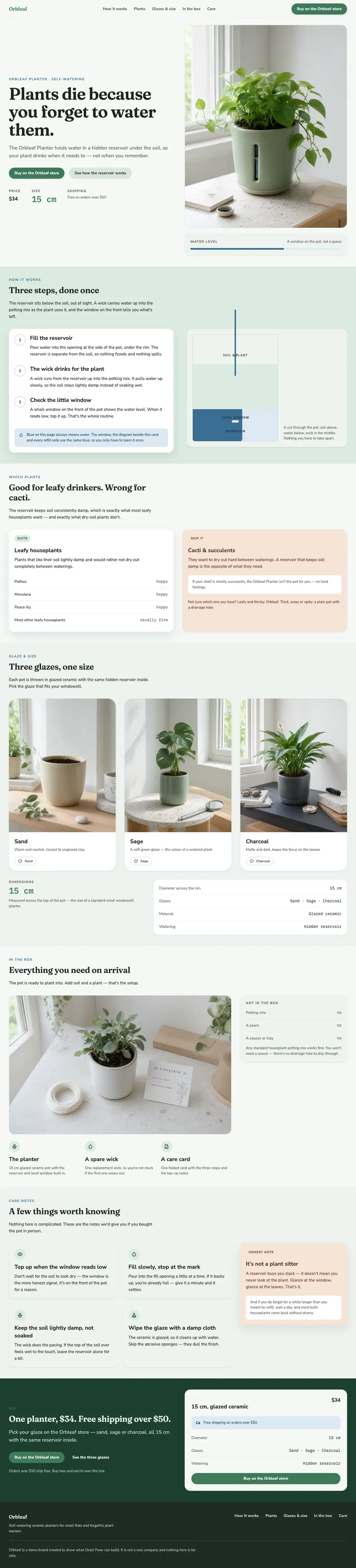 Full-page screenshot of Orbleaf: self-watering planter, three steps, glazes and care