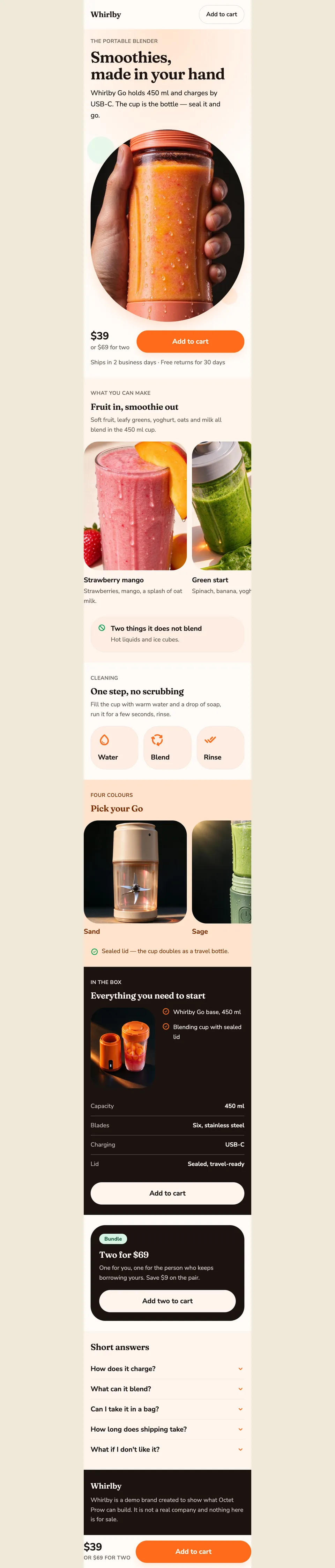 Full-page screenshot of Whirlby: a phone-first single-product page for ad traffic