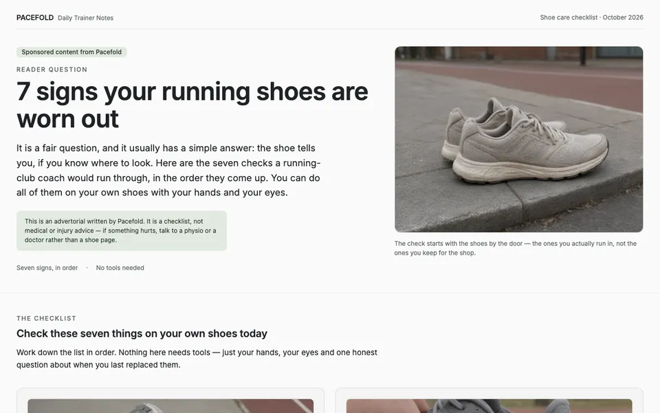 Screenshot of Pacefold: 7 signs your running shoes are worn out