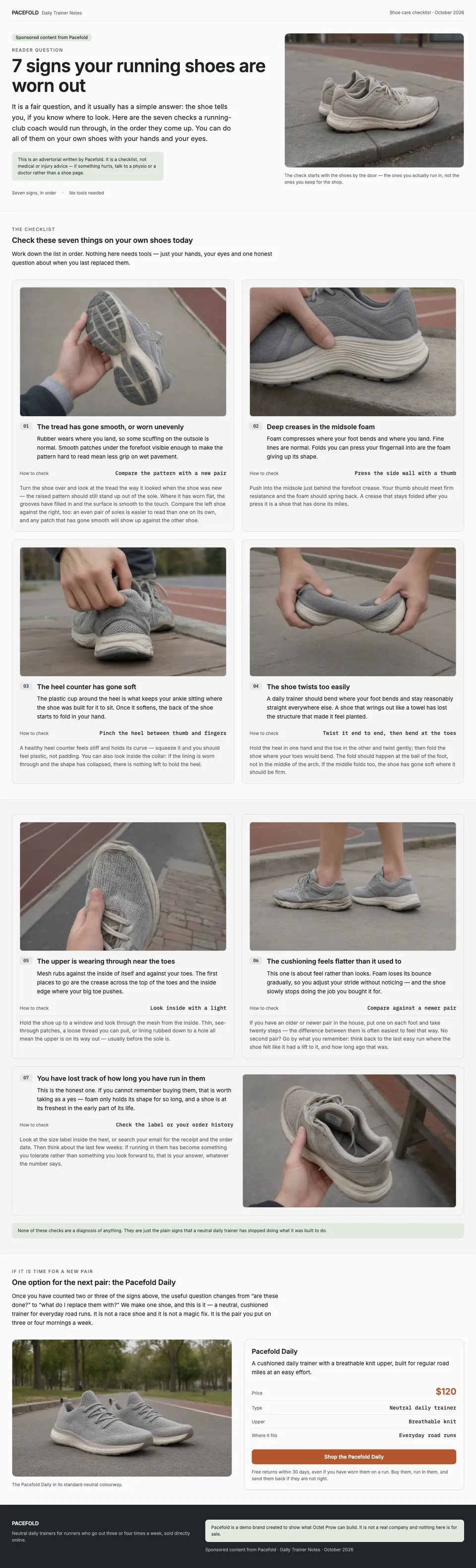 Full-page screenshot of Pacefold: seven numbered shoe checks before one daily trainer