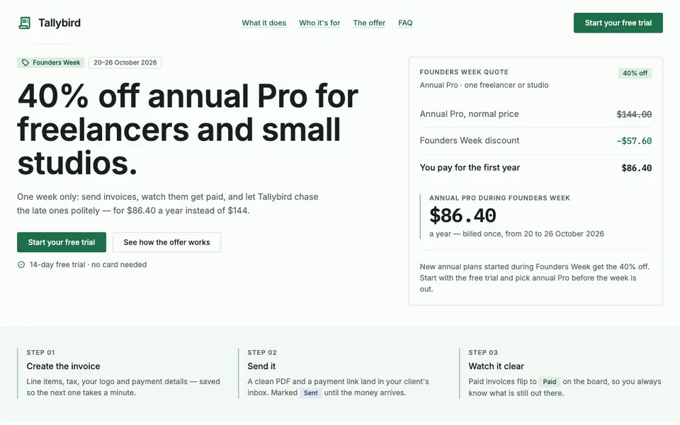 Screenshot of Tallybird: 40% off annual Pro for freelancers and small studios.
