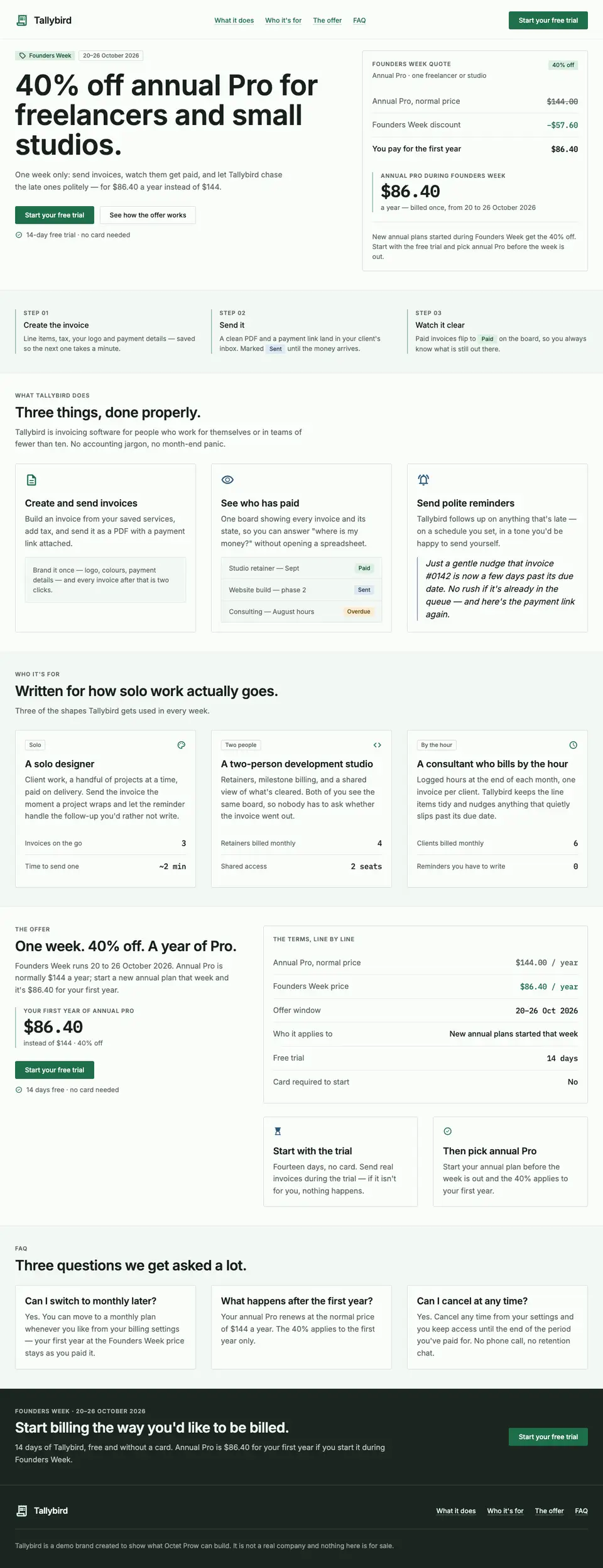 Full-page screenshot of Tallybird: a one-week annual-plan offer with clear terms
