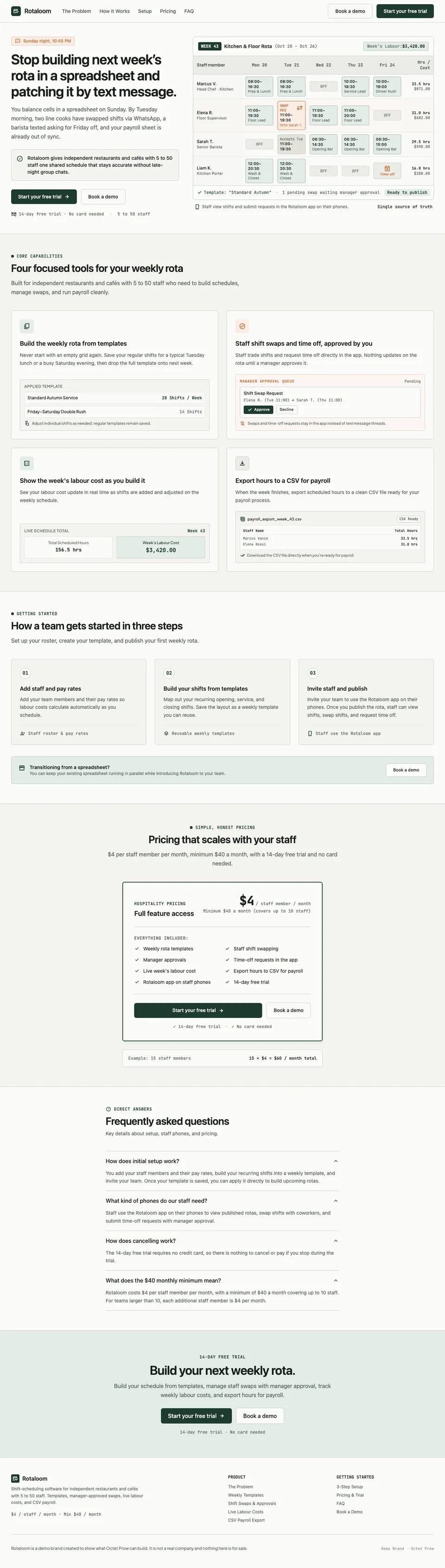 Full-page screenshot of Rotaloom: a problem-first SaaS page with per-staff pricing