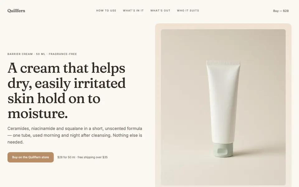 Screenshot of Quillfern: A cream that helps dry, easily irritated skin hold on to moisture.