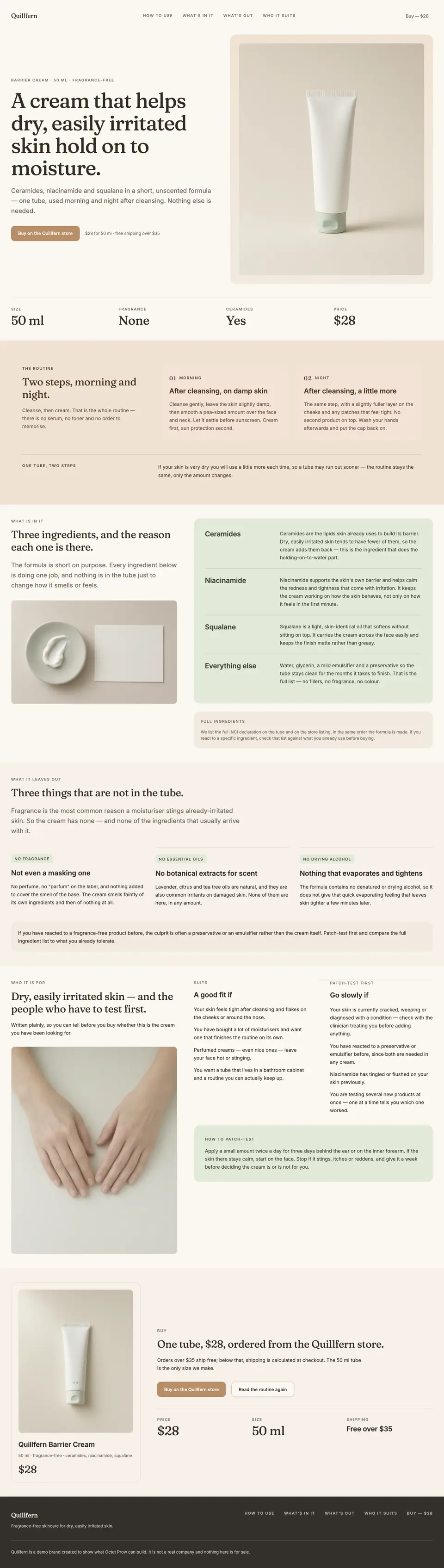 Full-page screenshot of Quillfern: barrier cream, routine, ingredients and who should patch-test