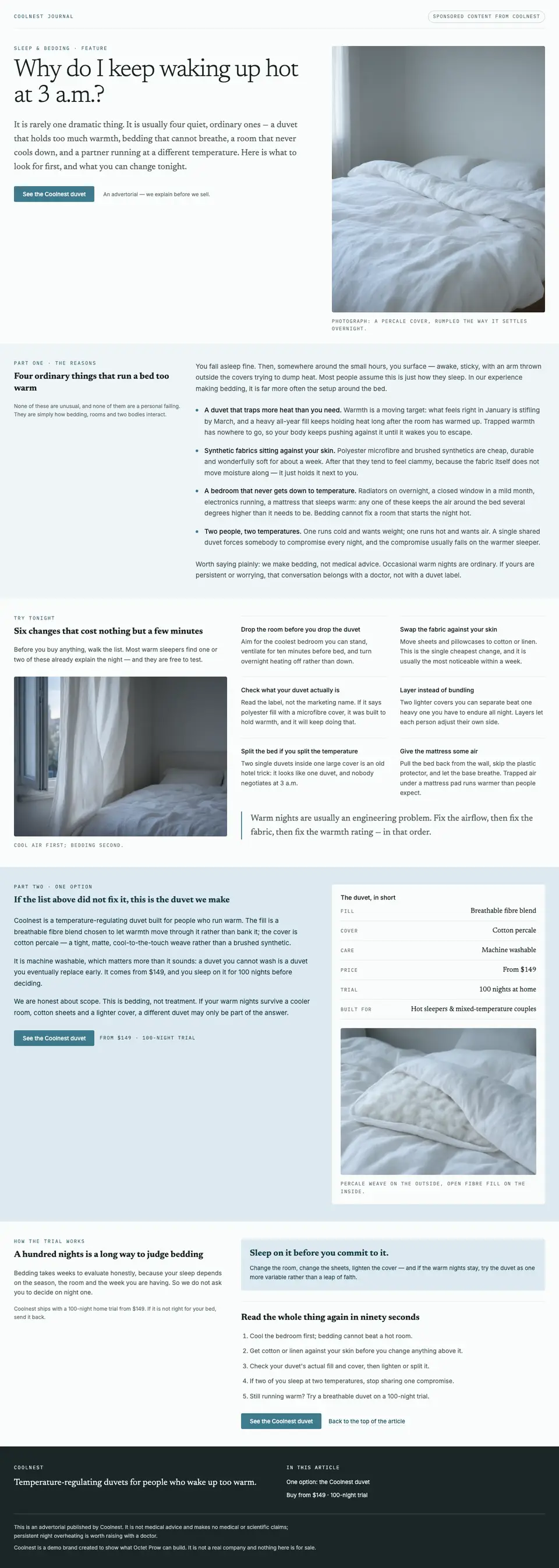 Full-page screenshot of Coolnest: a sleep-magazine feature that introduces a duvet in the second half
