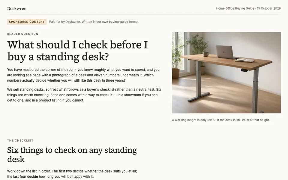 Screenshot of Deskwren: What should I check before I buy a standing desk?