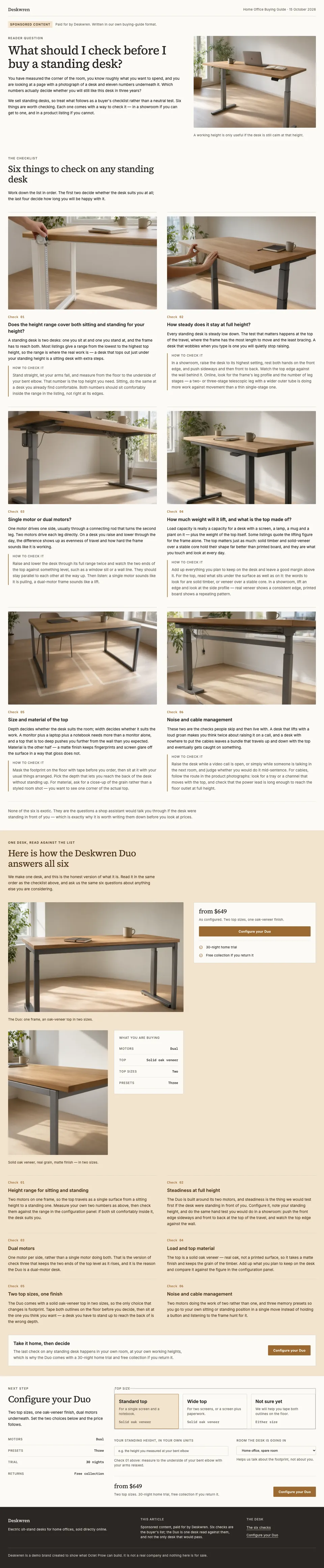 Full-page screenshot of Deskwren: six standing desk checks, then one desk read against them