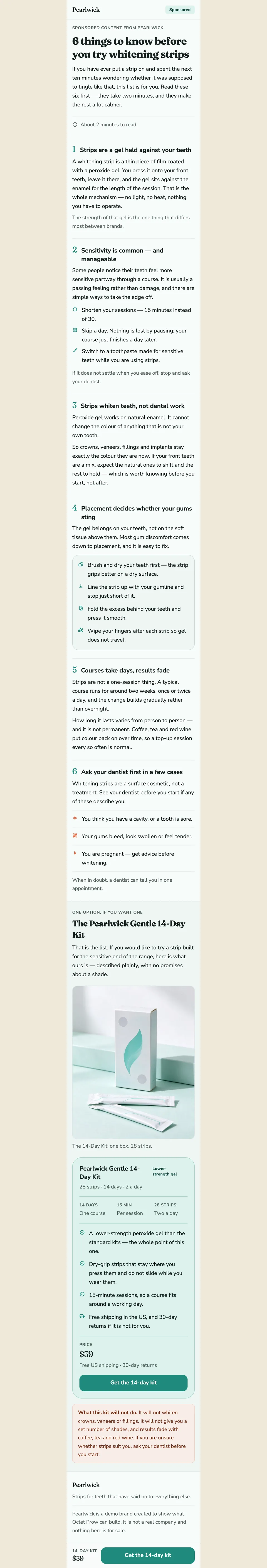 Full-page screenshot of Pearlwick: six numbered things to know before one gentle strip kit